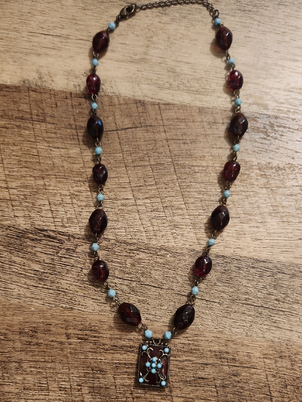Vintage-Inspired Garnet Red and Turquoise Glass Bead Necklace - Picture 6 of 6